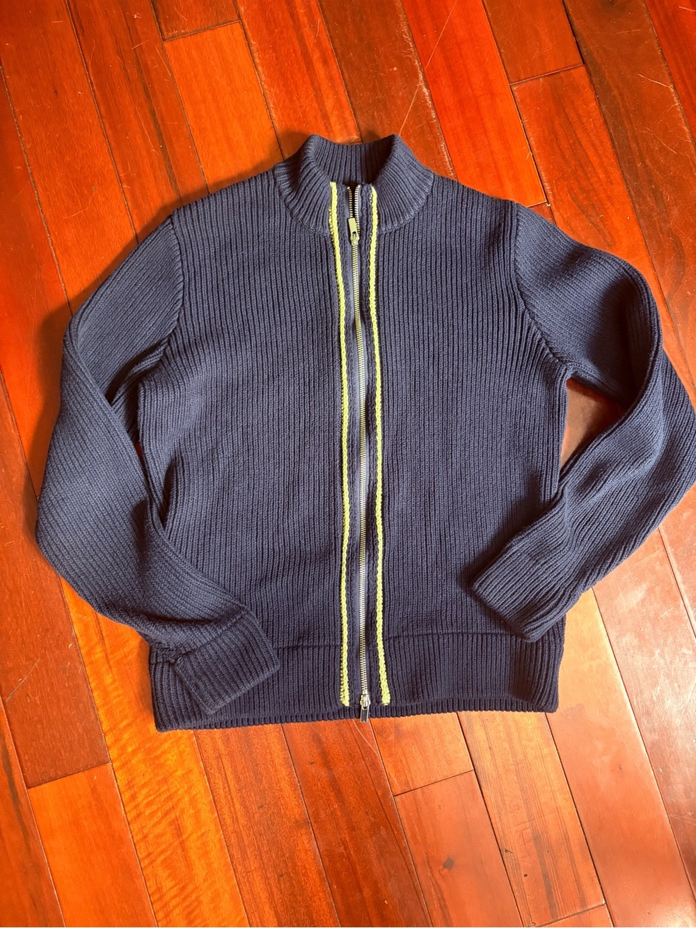 ATM Anthony Thomas Melillo Navy Ribbed Zip-Up Sweater with Tan Trim
